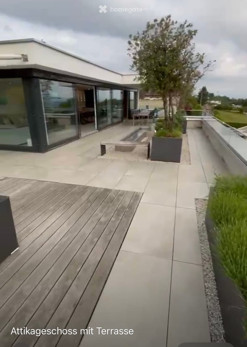 Modern rooftop terrace with wooden decking, concrete pathways, and a small water feature. Features a glass-walled building entrance and potted plants.