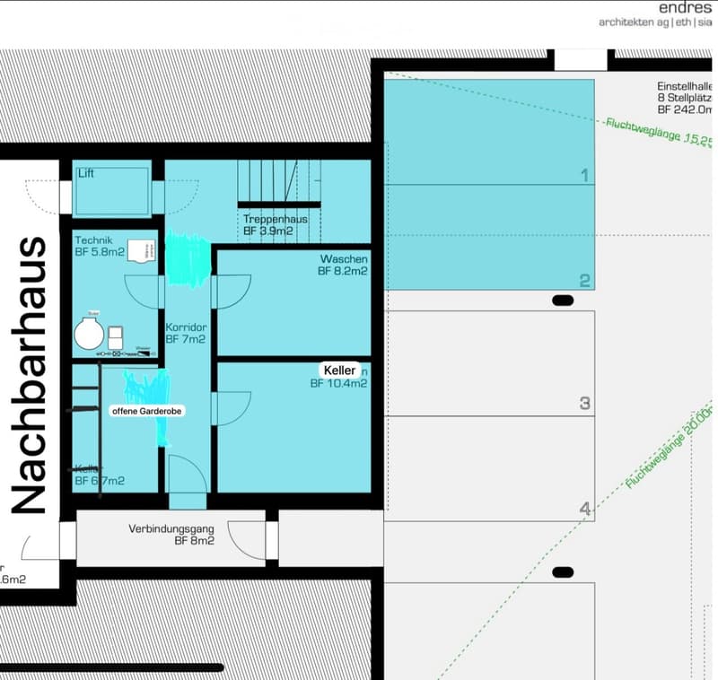 Floor plan of a basement level showing rooms labeled: Technik, Wasch, Keller, offener Garderobe, Korridor, Treppenhaus, Lift, and Einstellhalle. Includes dimensions and floor area measurements.