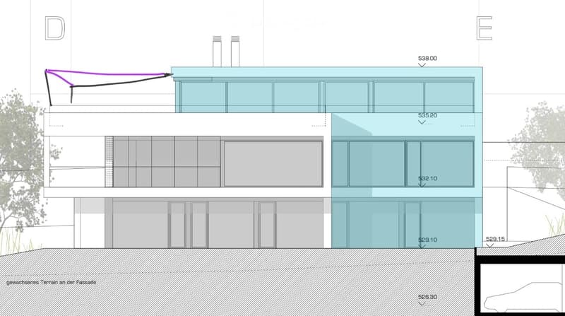 Architectural floor plan of a modern building with multiple levels, showing elevations, dimensions, and structural details.