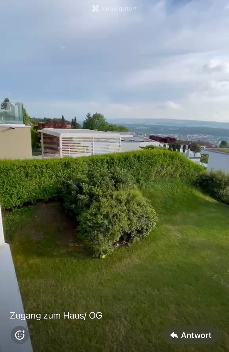 Well-maintained garden with green grass, trimmed hedges, and a small tree, overlooking a cityscape with buildings and trees in the background.