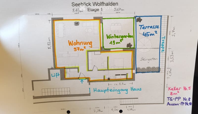 Floor plan of 'Seeblick Wolfhalden' showing a 97m² apartment, a 19m² winter garden, a 45m² terrace, and a stone garden.