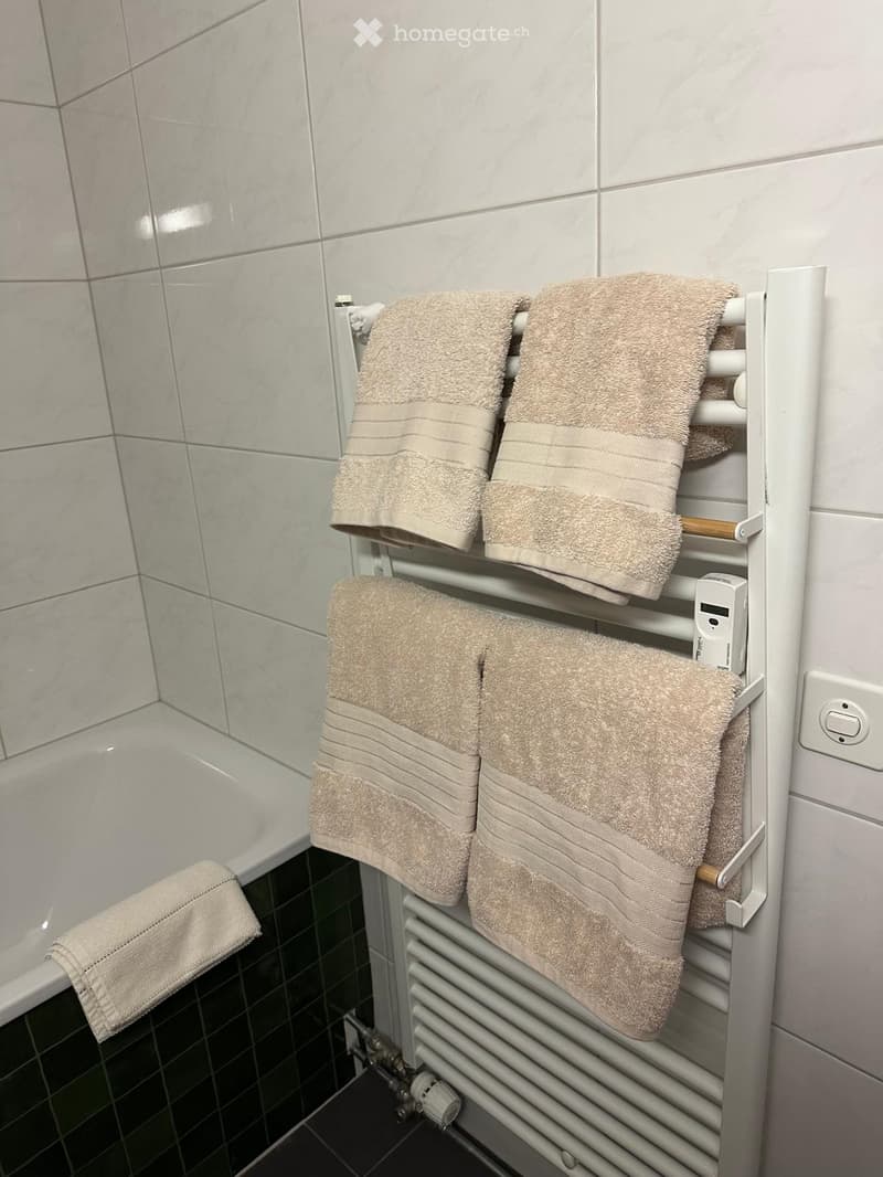 Bathroom with a towel rack holding four beige towels, tiled walls, and a bathtub visible in the background.