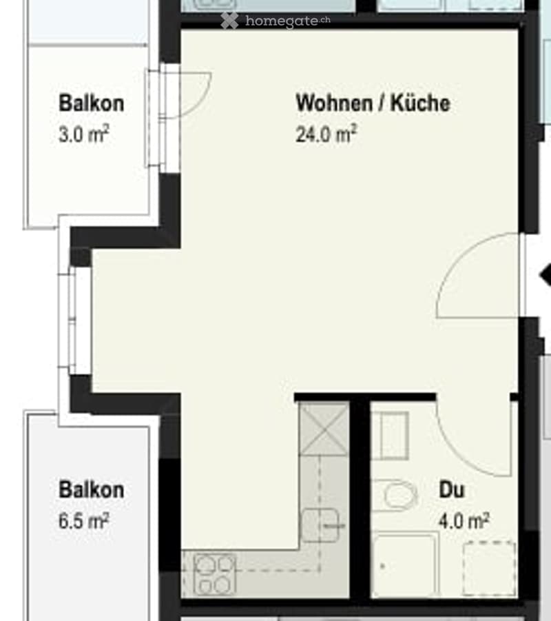 Floor plan showing a living/dining area, kitchen, two balconies, and a bathroom.
