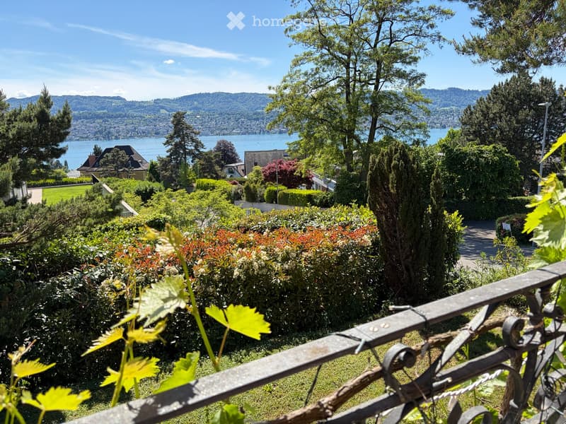 A scenic garden view with lush greenery, a metal railing in the foreground, and a distant lake and mountains under a clear blue sky.
