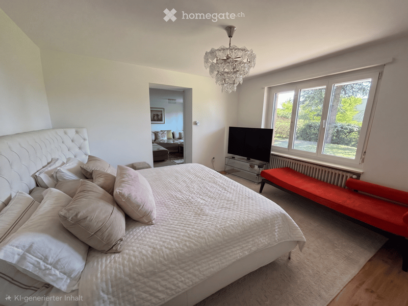 Bright bedroom with a large bed, pillows, a red bench, a television, and a chandelier. The room has large windows with a view of greenery.