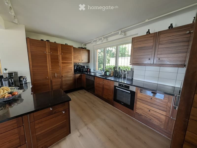 Modern kitchen with wooden cabinets, black countertops, stainless steel appliances, and a large window overlooking a garden.