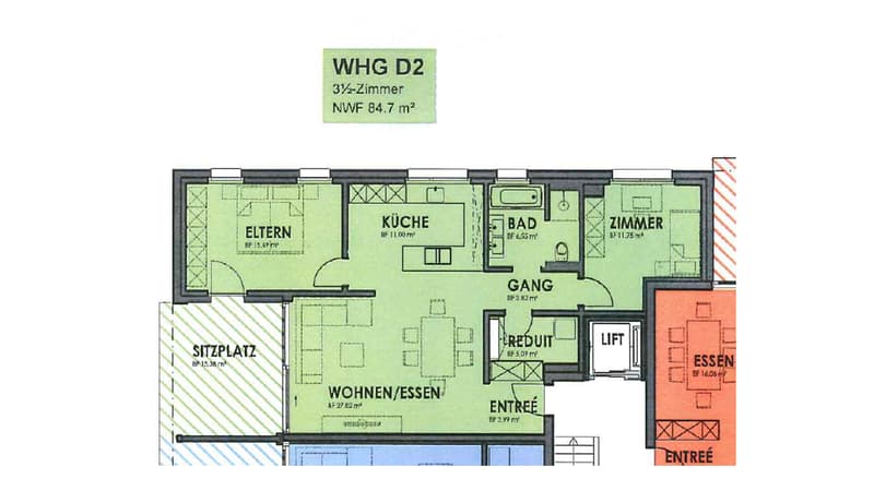 Floor plan of a 3.5-room apartment with labeled rooms including living/dining area, kitchen, bedroom, bathroom, hallway, and entrance.