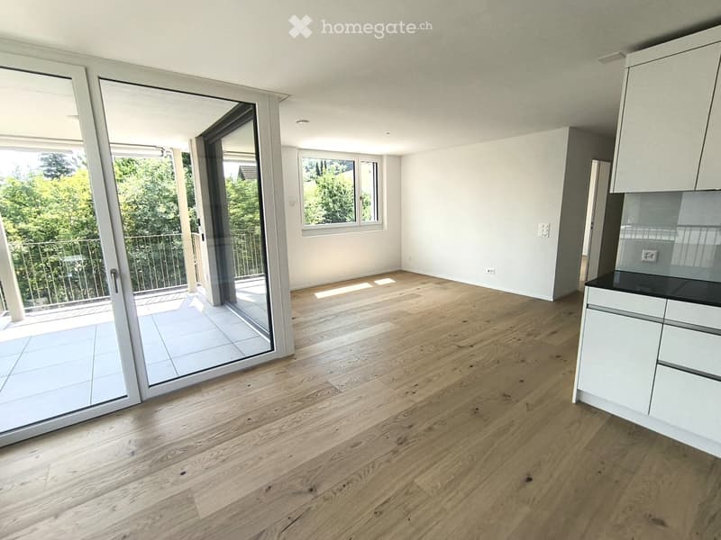 Empty room with light wooden flooring, white walls, large sliding glass doors leading to a balcony, and a small kitchen area with white cabinets and a black countertop.