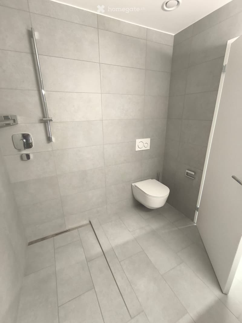 Modern bathroom with grey tiled walls and floor, a white toilet, and a shower handle on the wall.
