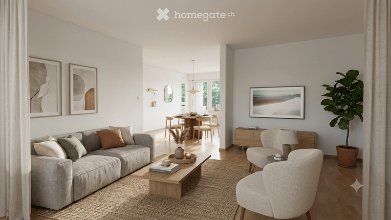 Modern living room with a grey sectional sofa, wooden coffee table, armchairs, dining area with a round table and chairs, large windows, and artwork on the walls.