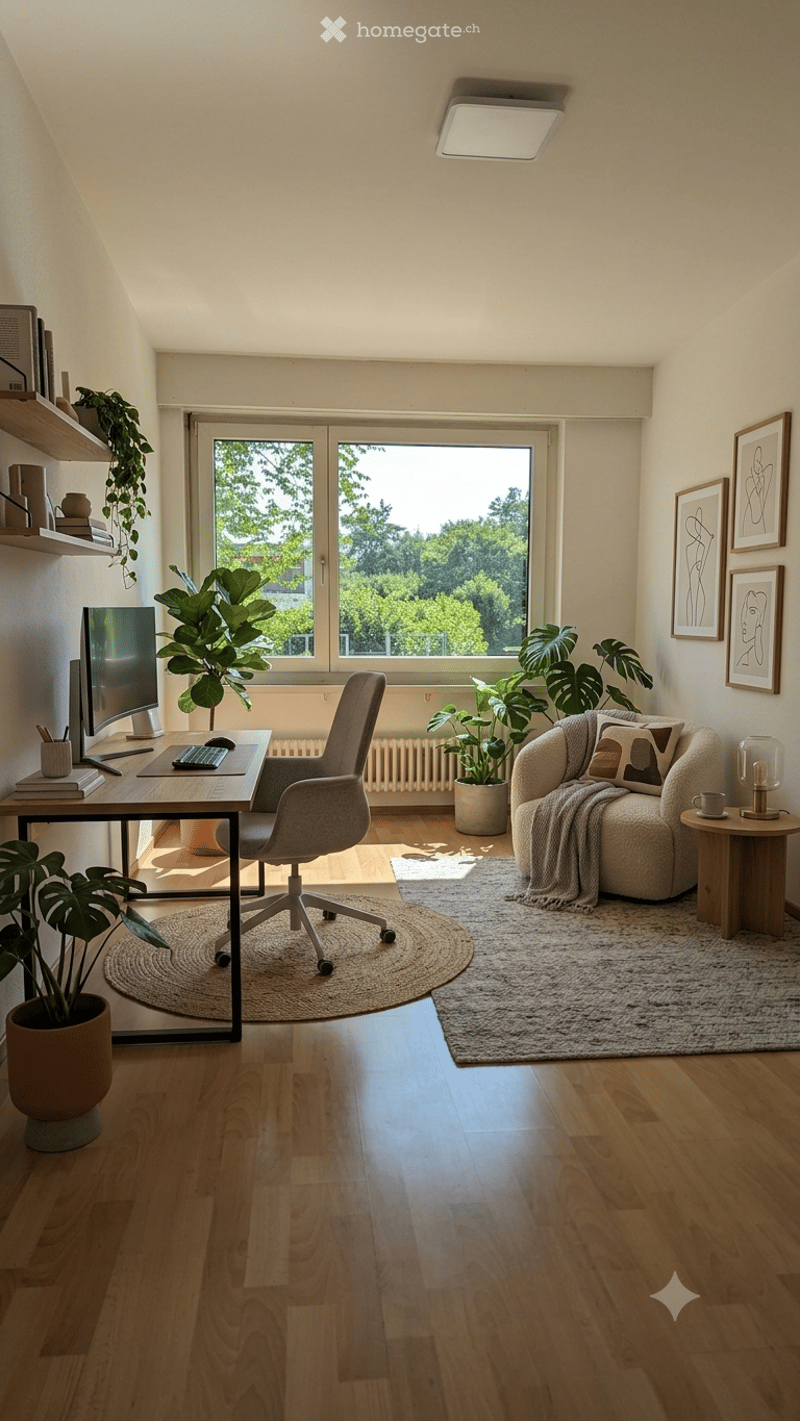 Bright, modern room with wooden flooring, large window, sofa, chair, desk with computer, and several potted plants.