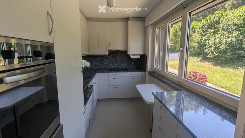 Modern kitchen with white cabinets, stainless steel oven, microwave, and granite countertop. Large windows offer a view of a green garden.