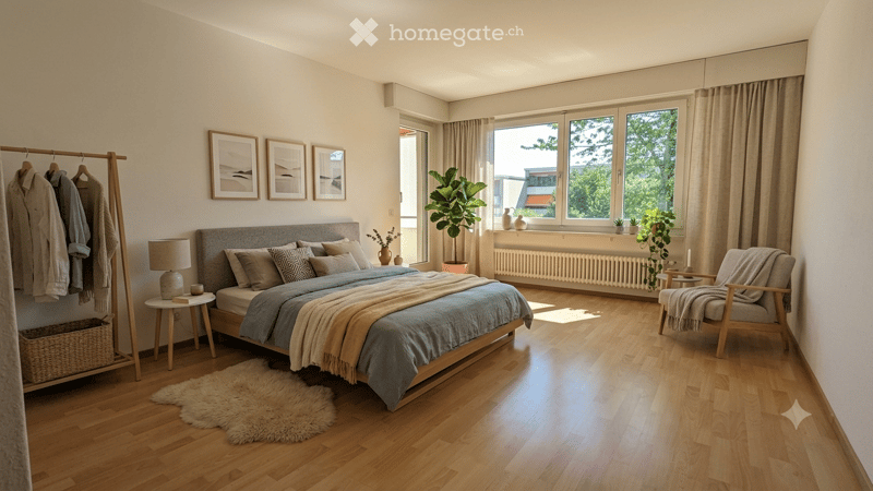 Modern bedroom with wooden flooring, large bed with blue bedding, nightstand with lamp, armchair, plant, and picture frames on the wall.