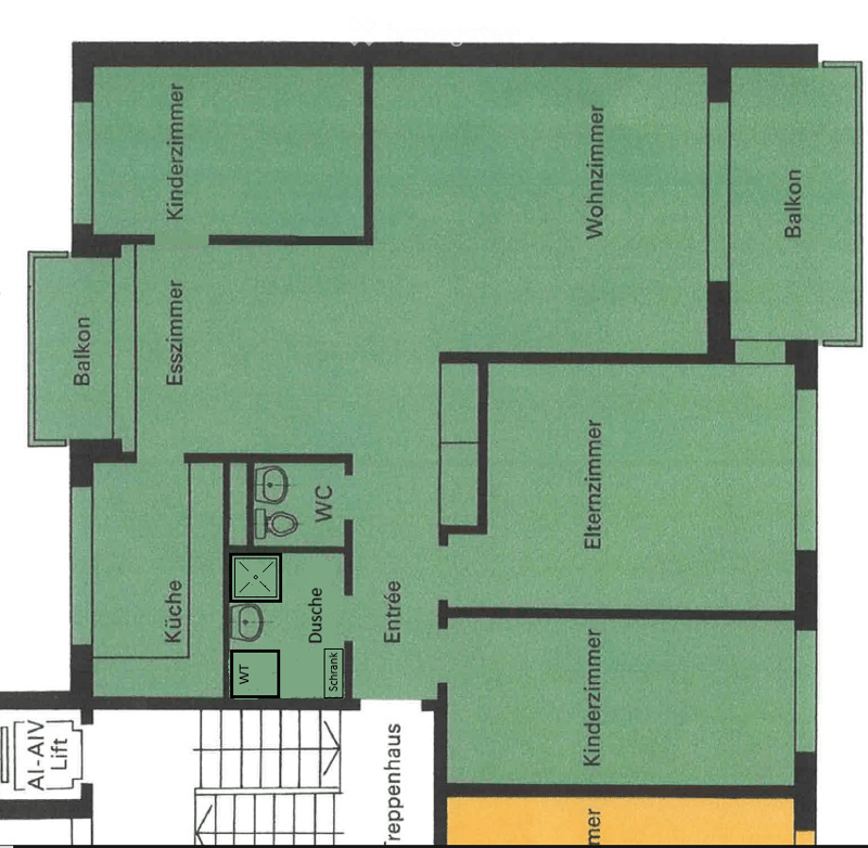 Floor plan of a 3-room apartment with a living room, kitchen, two bedrooms, and a bathroom. Includes two balconies and an entrance area.