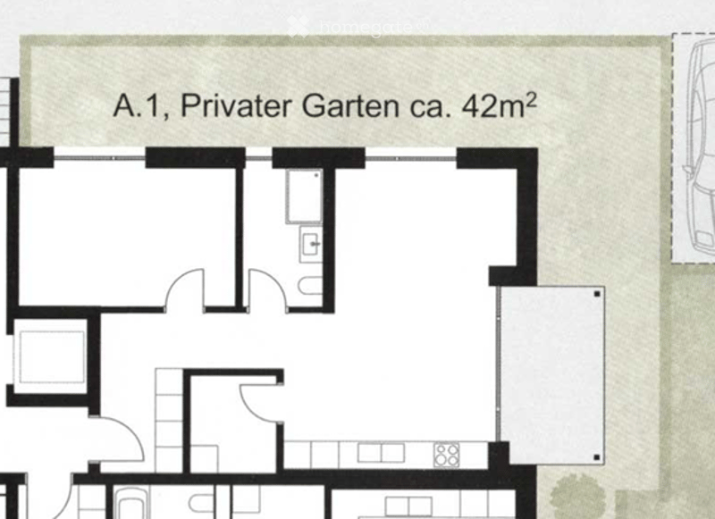 Floor plan of a residential unit featuring a private garden, multiple rooms including a living area, bedrooms, and bathrooms.