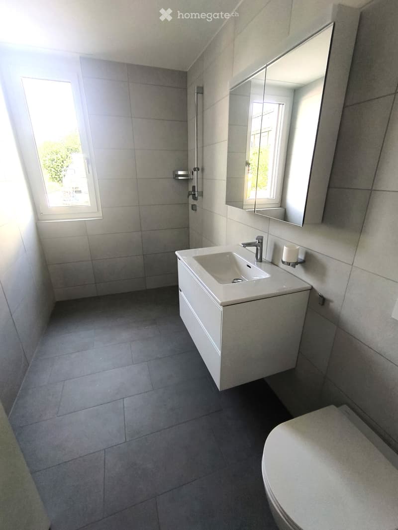 Modern bathroom with white tiles, a sink with a faucet, a mirror, and a toilet. The room features large windows allowing natural light to enter.