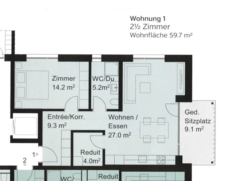 Floor plan of a 2.5-room apartment with a total area of 59.7 m², including a living/dining area, bedroom, WC/Du, entrance/hallway, and a storage/sitting area.