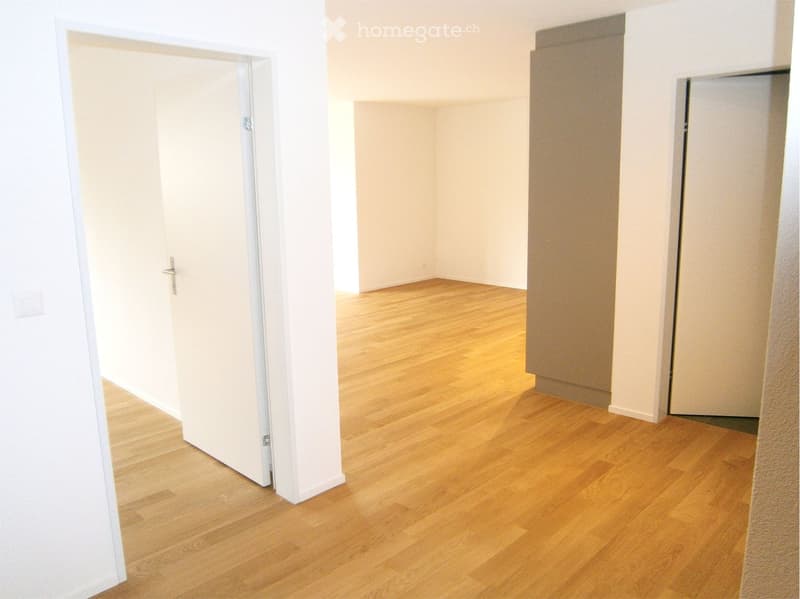 Empty room with wooden floor, white walls, two doors, one leading to another room