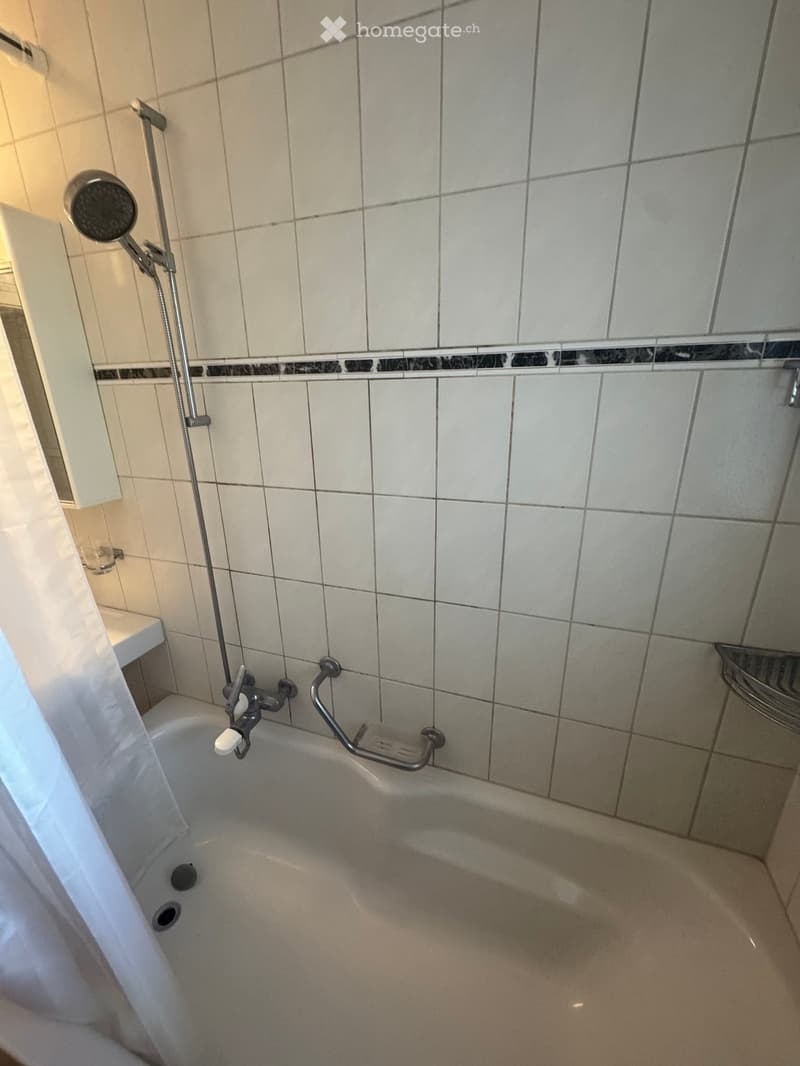 Bathtub with a handheld showerhead and a handrail, white tiled walls, and a small cabinet with a mirror above it.