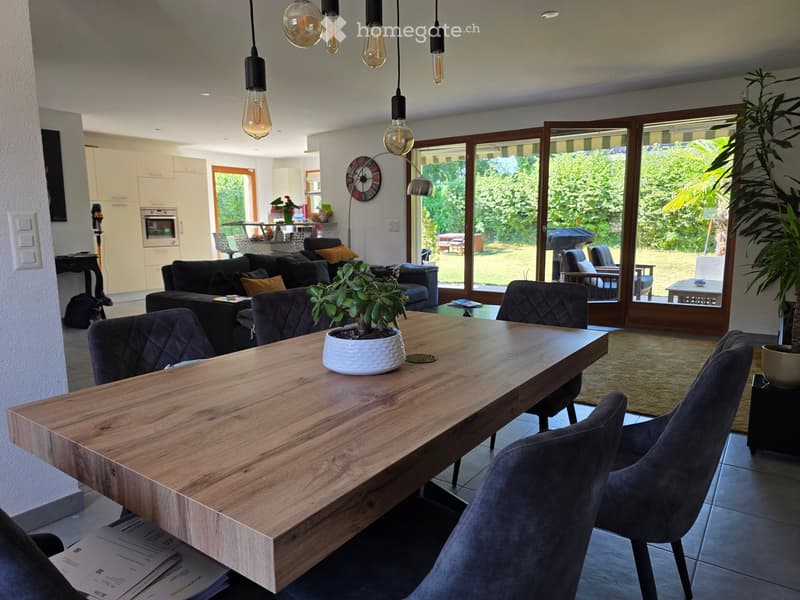 Modern living and dining area with a large wooden dining table, dark grey upholstered chairs, a sofa, a potted plant, and an open kitchen area with white cabinets and an oven.