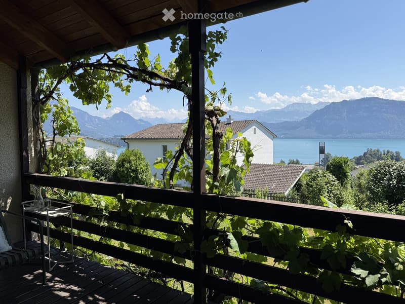 Balcony with wooden decking, railing, bench, small table, and vase, overlooking a scenic lake and mountain view.