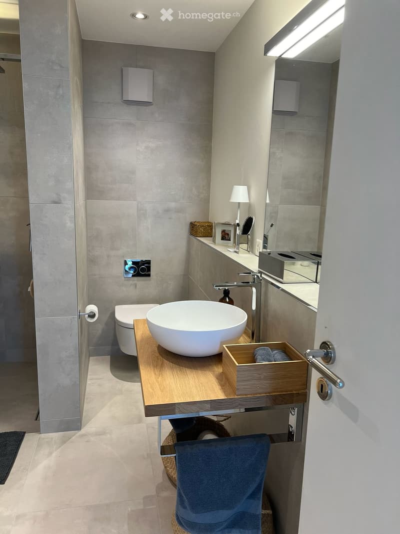 Modern bathroom with a large, round white sink, wooden vanity, mirror, and a toilet. Features include a towel, a small drawer, a lamp, and a picture frame on the vanity.