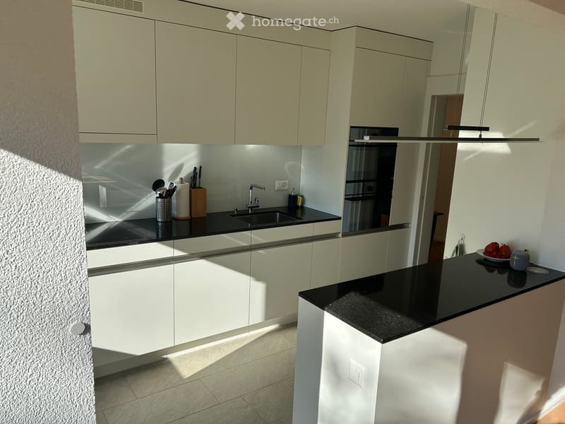 Modern kitchen with white cabinets, black countertops, stainless steel sink, and various kitchen items on the counter.