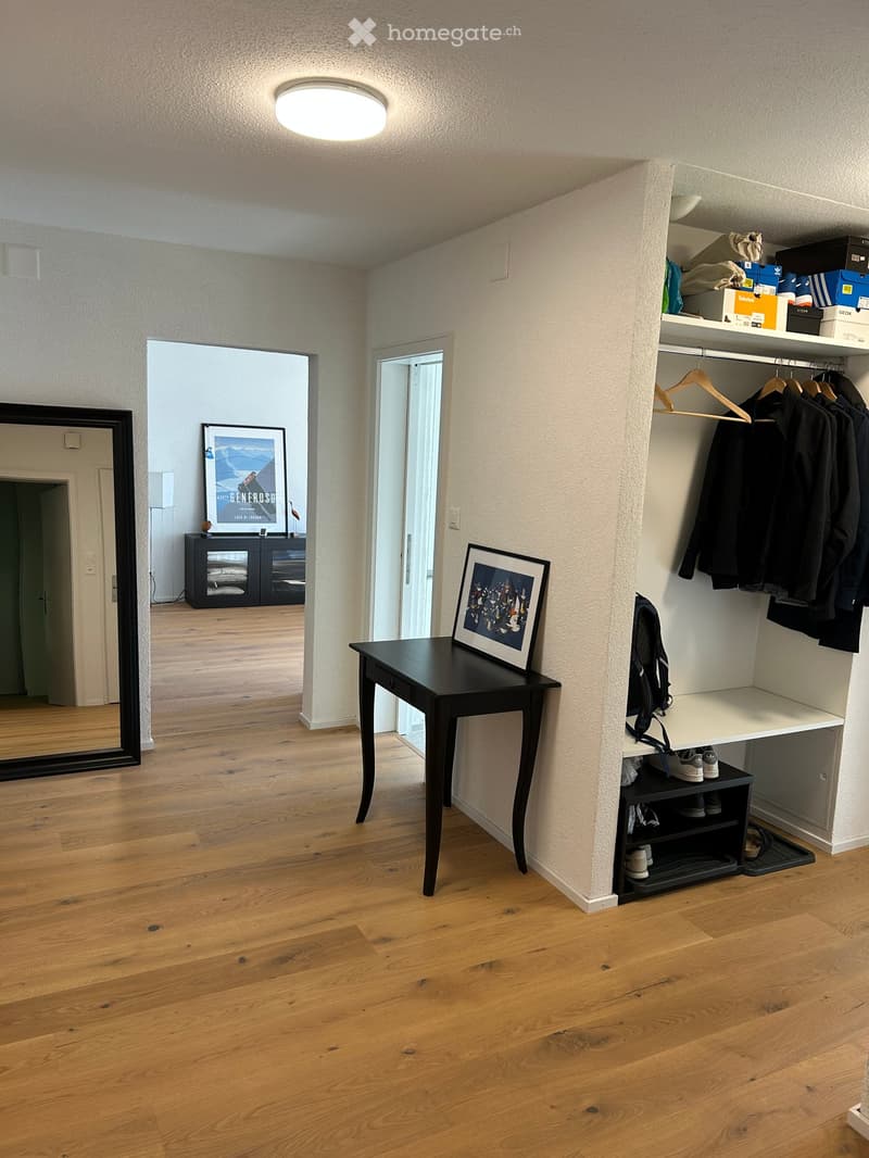 A well-lit hallway with wooden flooring, a built-in closet with hanging space, a small black table with a framed picture, a large mirror, and a TV stand visible in the background.