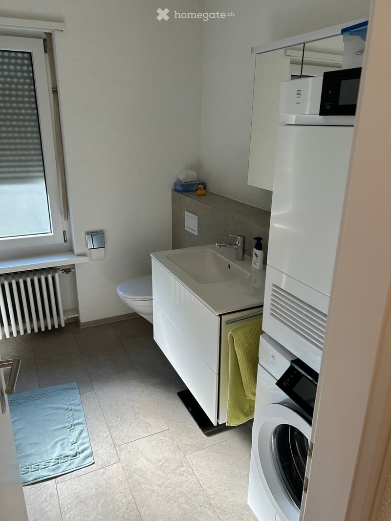 Modern bathroom with a sink, toilet, washing machine, microwave, and a towel on the floor.