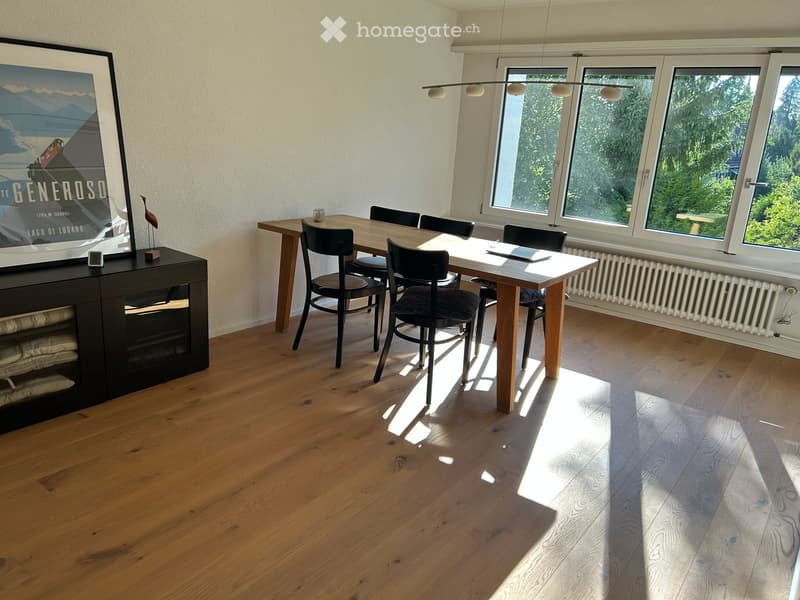 Dining room with wooden floor, large windows, dining table with chairs, cabinet with picture frame, and fireplace.