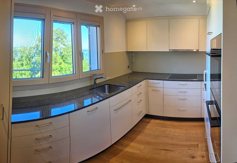 Modern kitchen with white cabinets, granite countertop, sink, and large windows offering a view of greenery.