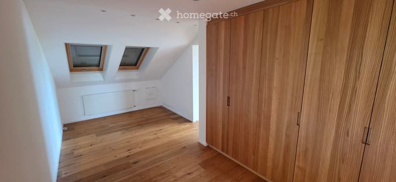 Empty attic room with wooden flooring, white walls, built-in wooden closet, and two skylight windows.