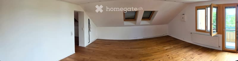Empty attic room with wooden flooring, white walls, skylights, and large windows with wooden frames.