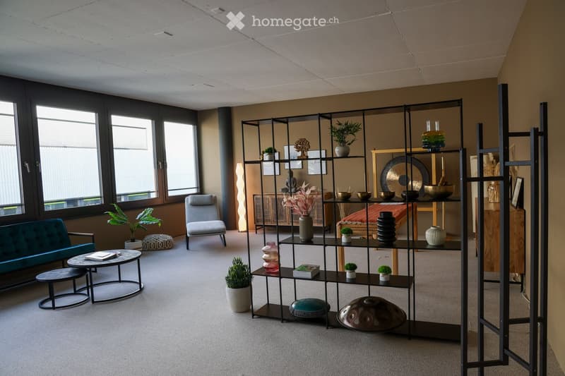 Modern, minimalist room with large windows, a teal sofa, grey armchair, round coffee table, and decorative shelves holding plants, bowls, and books.