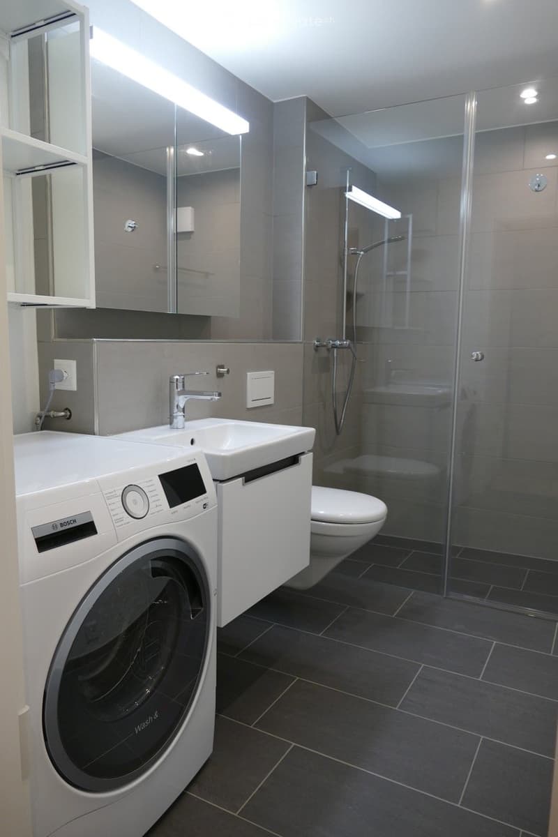 Modern bathroom with a white Bosch washing machine, sink, toilet, and glass-enclosed shower. Features include a large mirror with built-in lighting and sleek, contemporary design.