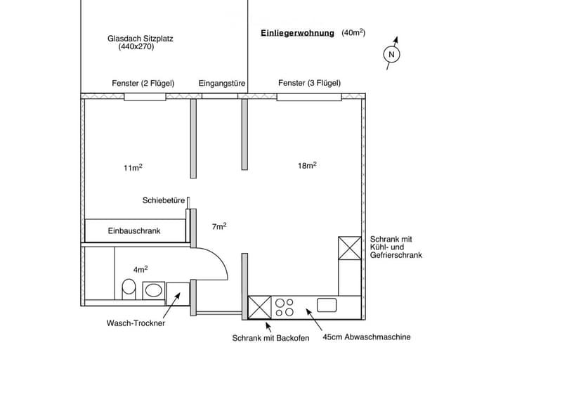Floor plan of a 40m² studio apartment with a built-in closet, built-in wardrobe, washing-dryer, refrigerator, and sink.