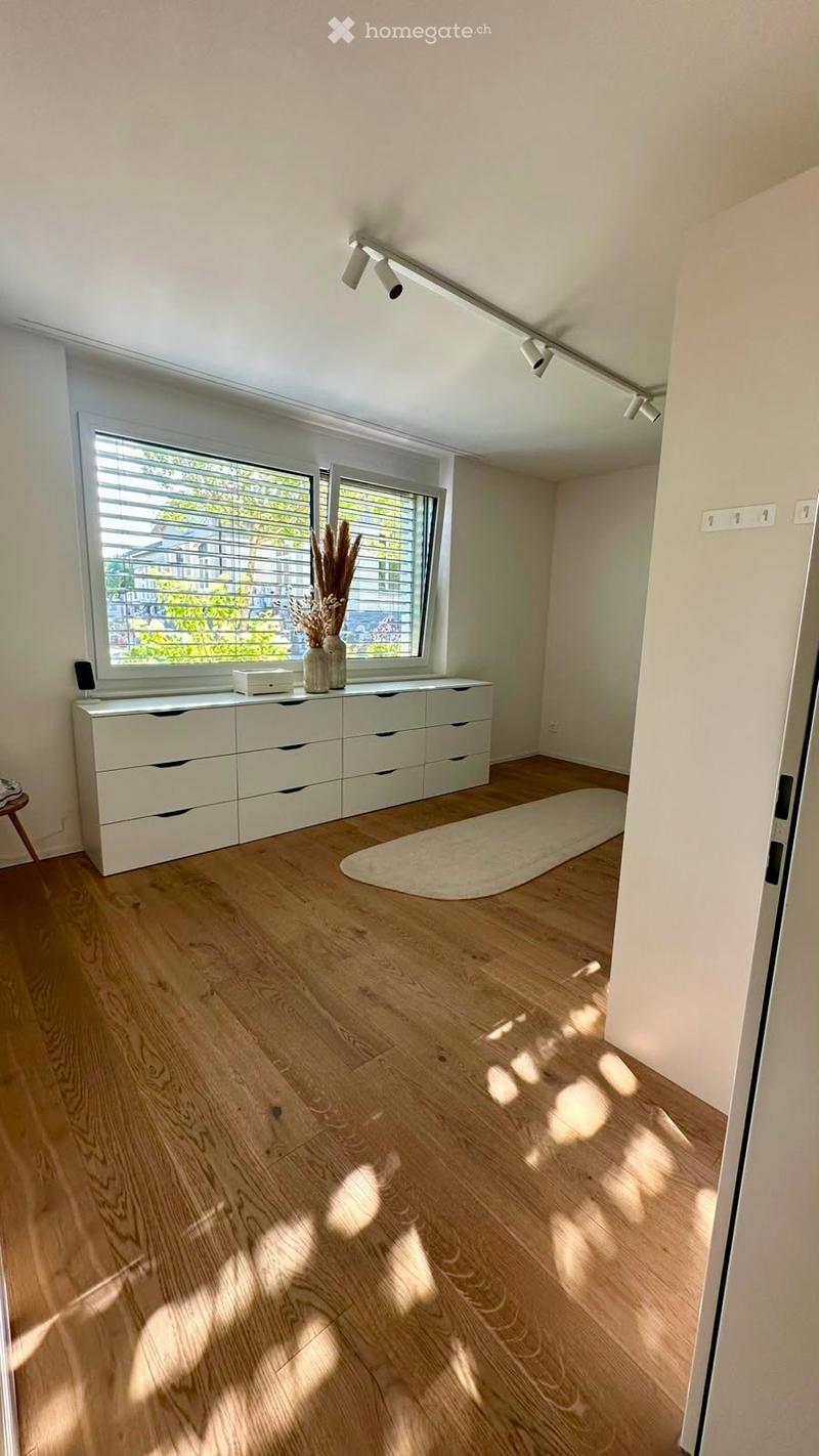Bright room with wooden flooring, white cabinet with drawers, vase with dried plants, and a small rug.