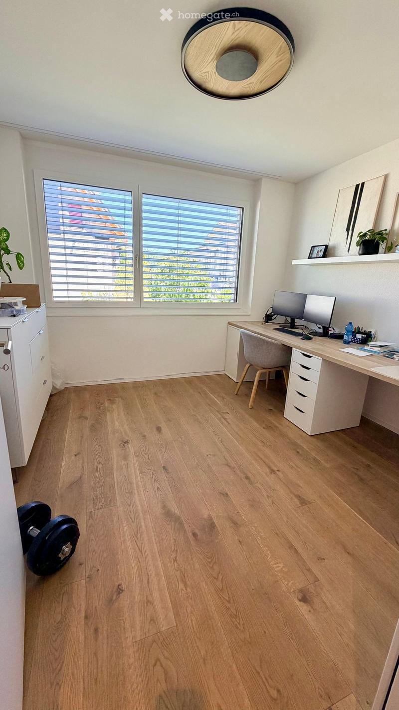 Modern, well-lit room with wooden flooring, large windows with blinds, a desk with a computer setup, a chair, a shelf with a plant and picture frame, and a drawer unit.