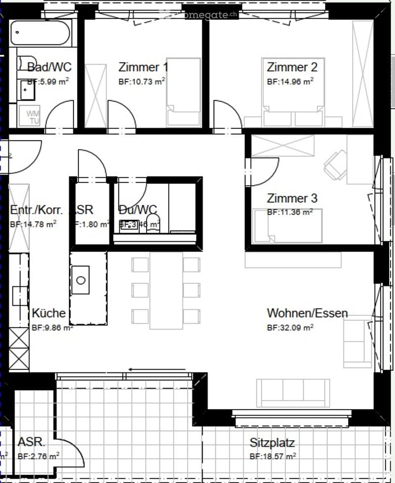Floor plan of a multi-room apartment with labeled rooms including kitchen, living/dining area, three bedrooms, two bathrooms, entrance/hallway, and a seating area.