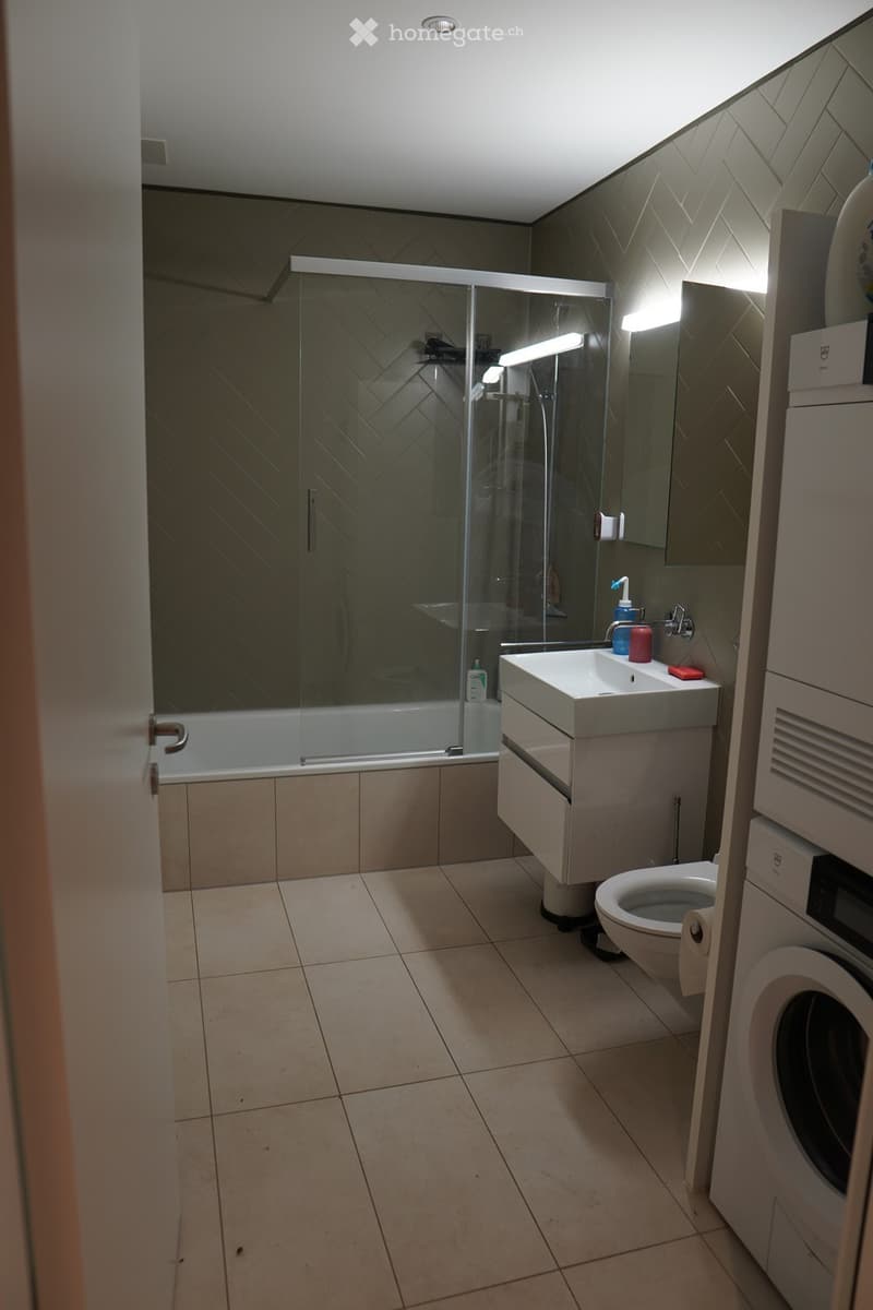 Modern bathroom with a bathtub, glass-enclosed shower, sink, toilet, and washing machine. Features tiled walls and floor, a mirror, and a toothbrush on the sink.