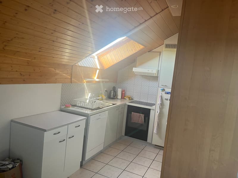 Compact kitchen with white cabinets, tiled floor, and wooden ceiling. Features include a refrigerator, oven, dishwasher, sink, and various small appliances.