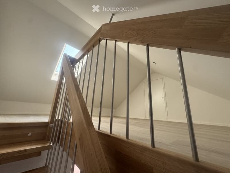 Spacious, well-lit hallway with wooden staircase featuring a modern metal railing and a skylight above, leading to a bright, open room with white walls and a large cabinet.