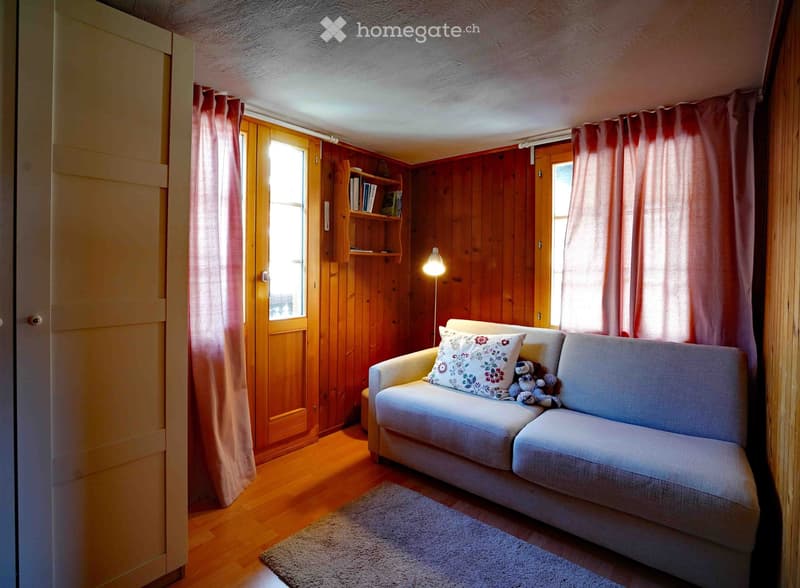 Cozy living room with wooden walls, a light grey sofa, a decorative pillow, a small stuffed toy, a bookshelf, and a floor lamp.
