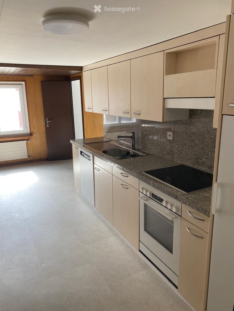 Modern kitchen with light-colored cabinets, granite countertop, sink, oven, and dishwasher. Features a window and a door leading to another room.