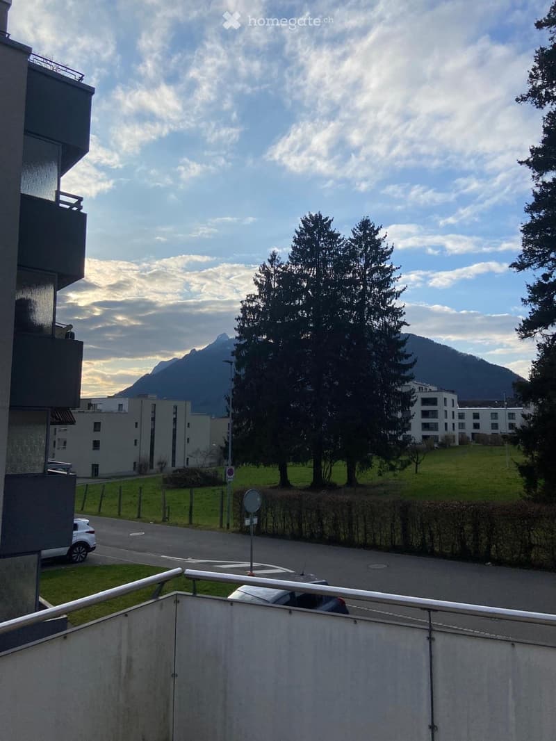 Balcony overlooking a green lawn, trees, and distant mountains under a partly cloudy sky.
