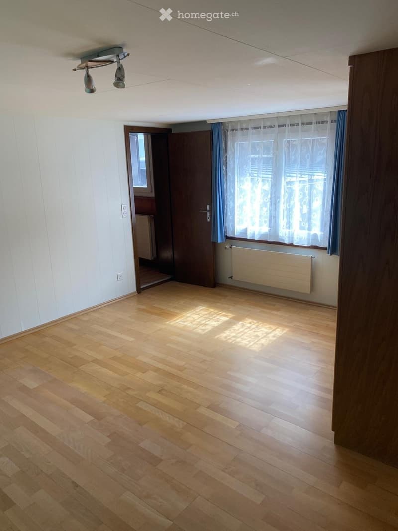 Empty room with wooden flooring, white walls, and a large window with curtains. Features a radiator, a door, and a ceiling light fixture.