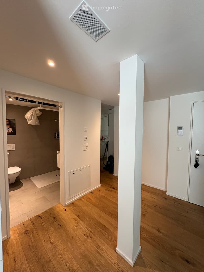 Bright hallway with wooden flooring, white walls, and a small bathroom visible to the left. The bathroom includes a toilet, shower, and a clothes rack with a white garment hanging. A vacuum cleaner is visible in the adjacent room.