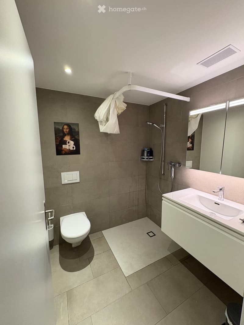 Modern bathroom with a toilet, sink, mirror, and shower area. Features a large mirror with built-in lighting, a towel hanging on the wall, and a picture of a famous artwork on the wall.