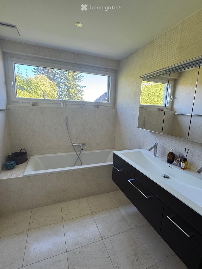 Modern bathroom with a bathtub, double sink, large mirror, and natural light from windows. Includes a dark cabinet and decorative items on the sink counter.