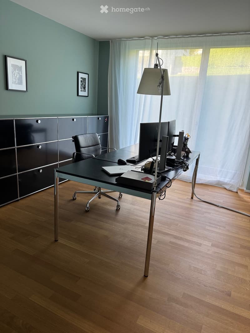 Modern office space with a wooden floor, a black desk, a black office chair, a laptop, a screen, a keyboard, a mouse, a floor lamp, a black cabinet, and framed pictures on the wall.